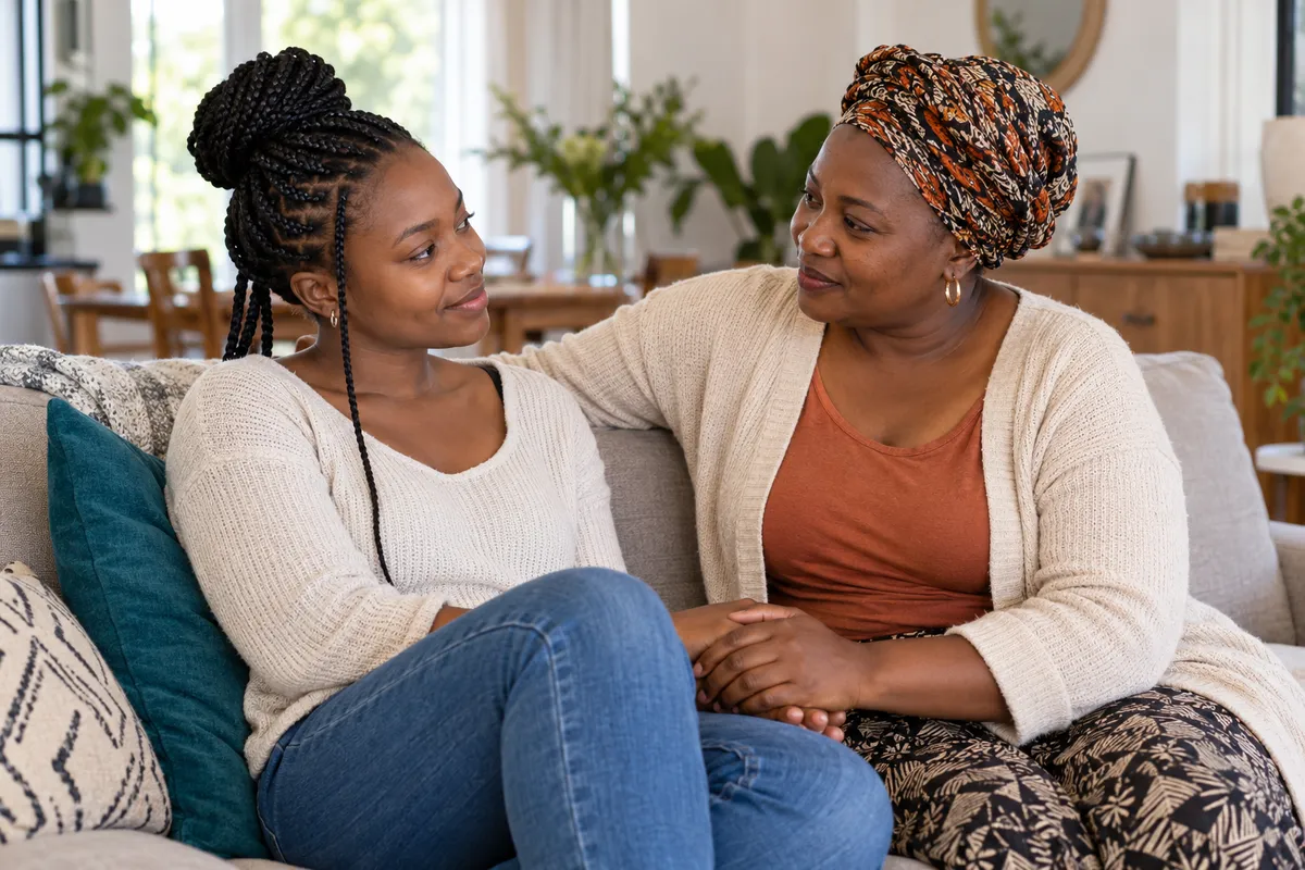 Two Black women sharing a supportive conversation and holding hands at home