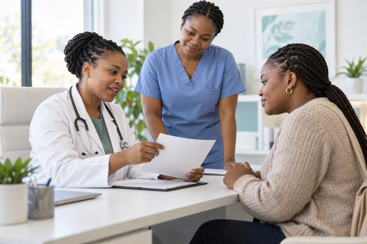 Illustrative healthcare team explaining care options to a woman