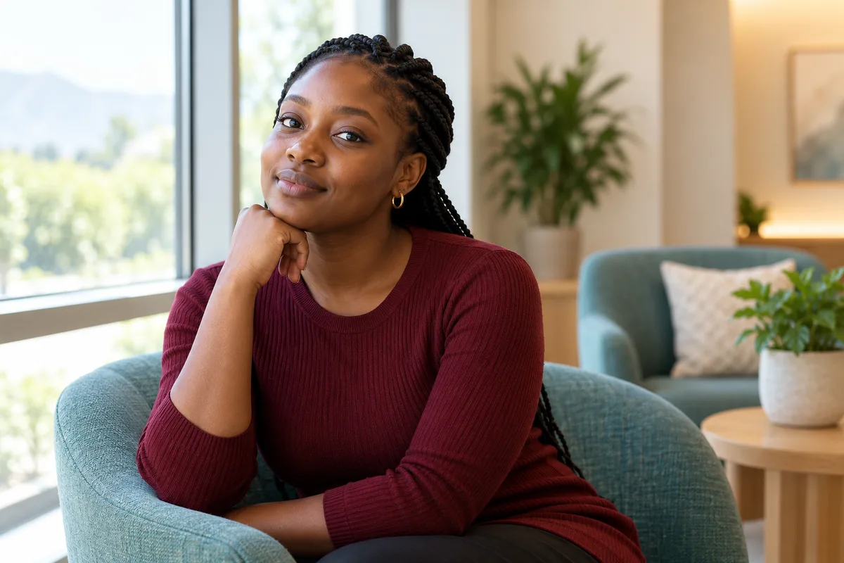 Adult Black woman sitting thoughtfully in a bright private waiting area