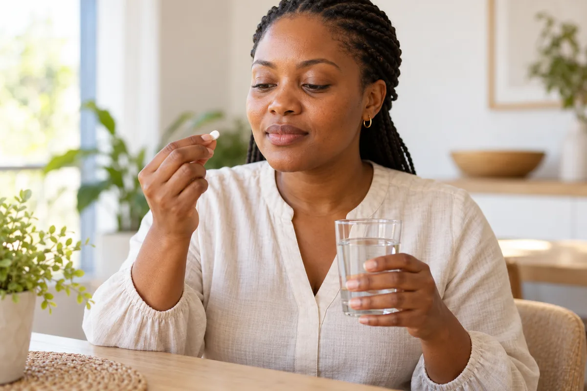 Adult Black woman holding a plain tablet and a glass of water