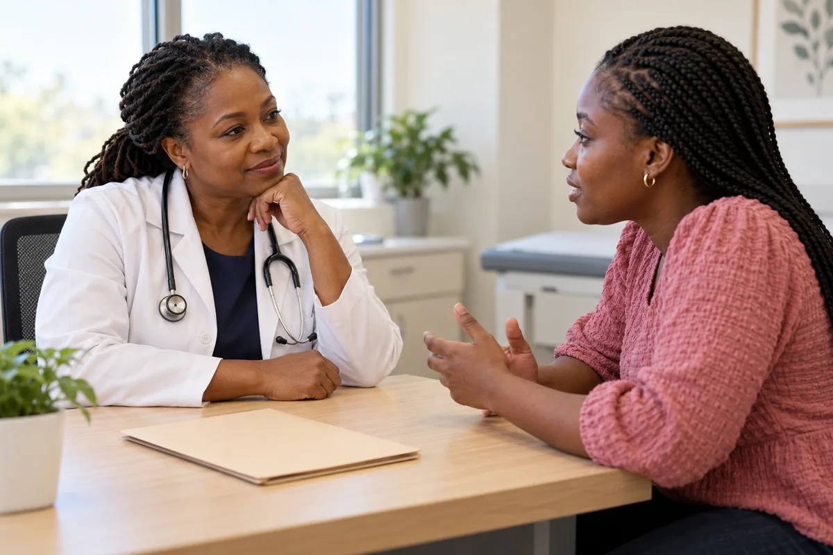 Black woman doctor listening to an adult Black woman during a consultation