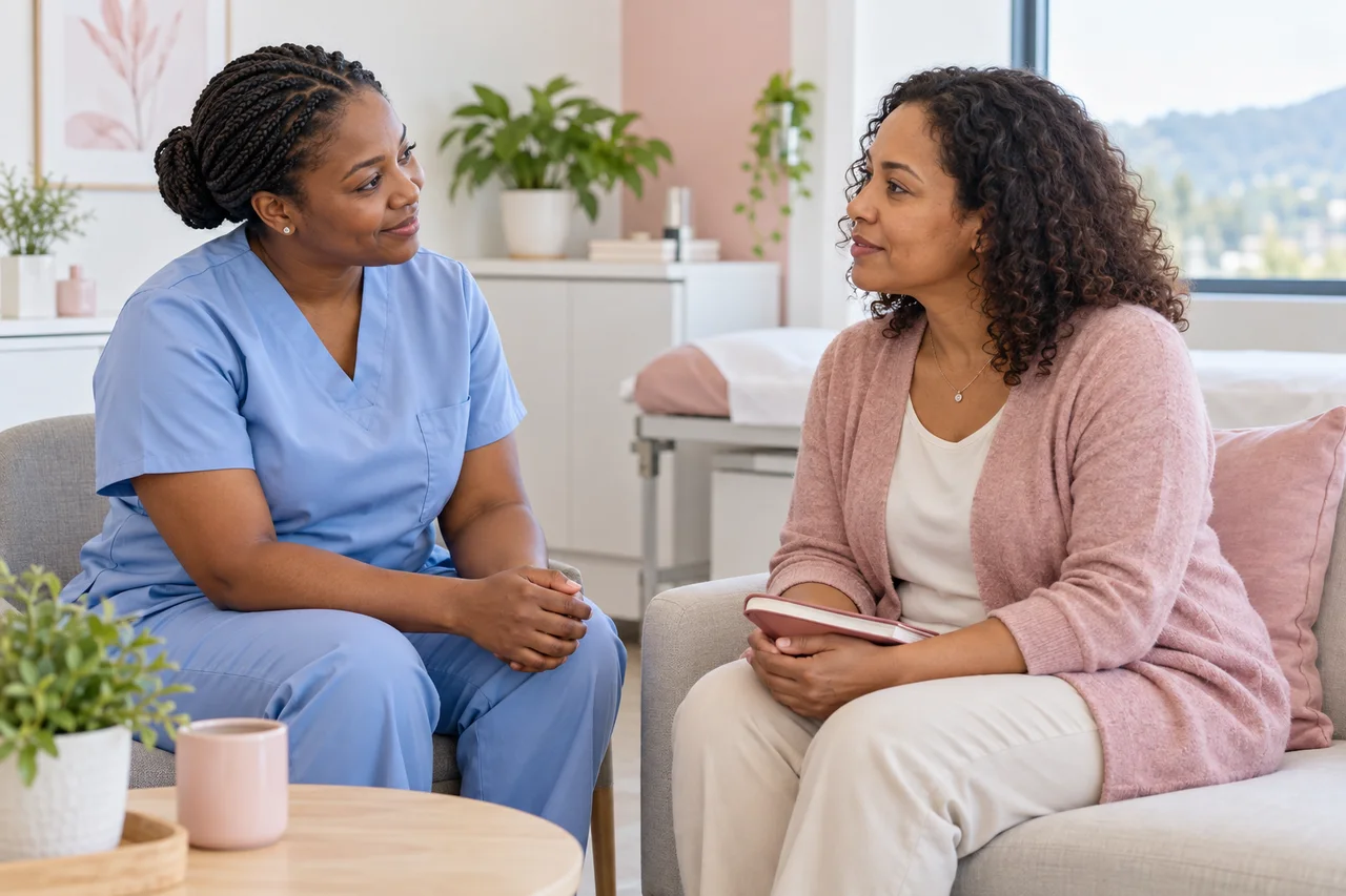Illustrative nurse listening to a woman in a private consultation