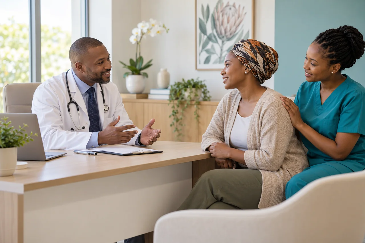 Doctor listening to a woman during a consultation
