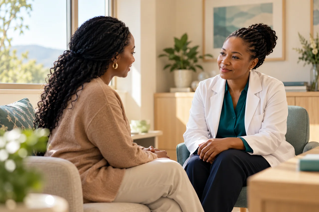 Woman and clinician discussing healthcare options